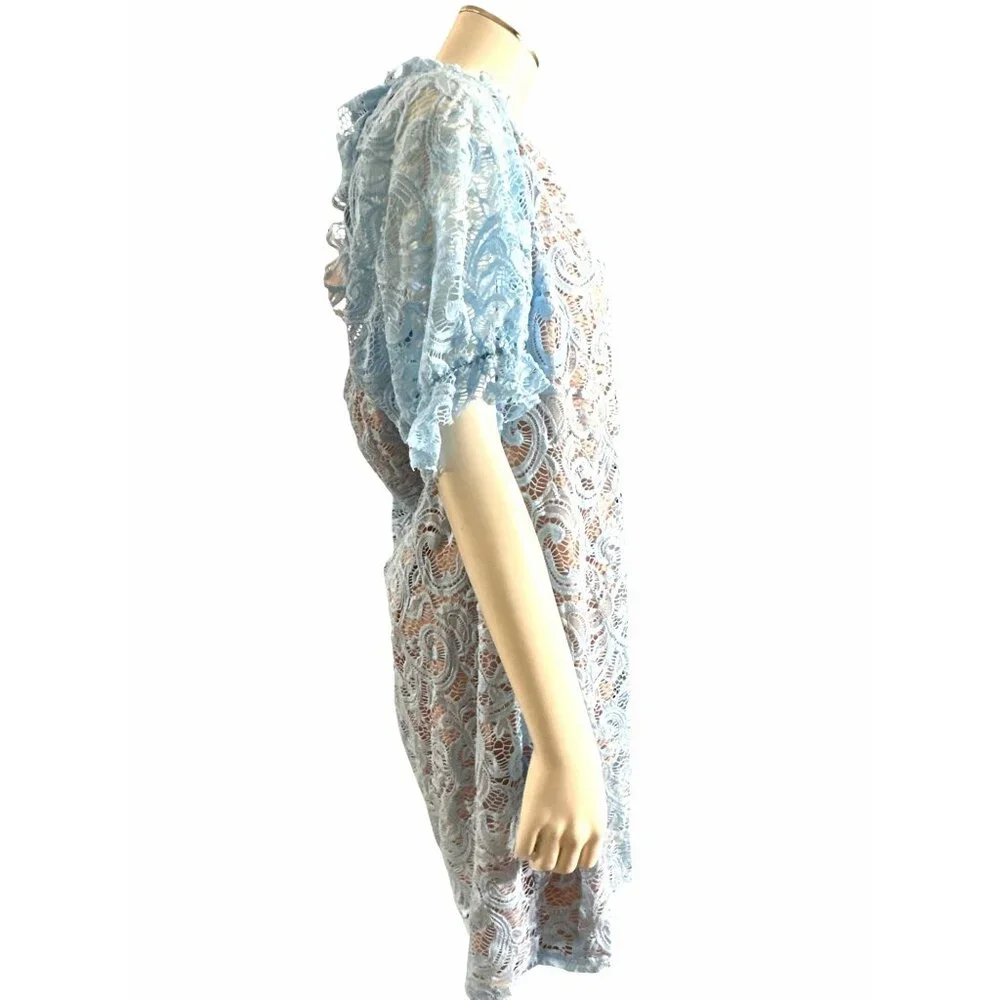 Venus 1X Sky Blue Lace Mini Dress Sheer Bodycon Fit Scalloped Sleeve Glamcore - Picture 6 of 12